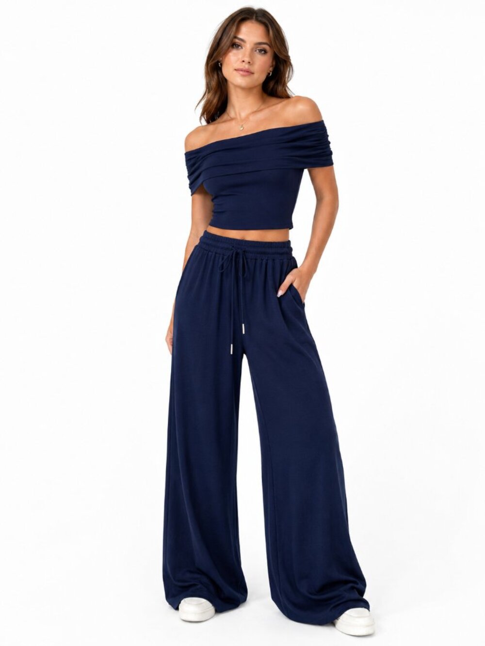 SHEIN Navy Blue 2 Piece Off Shoulder Wide Leg Lounge Set XS